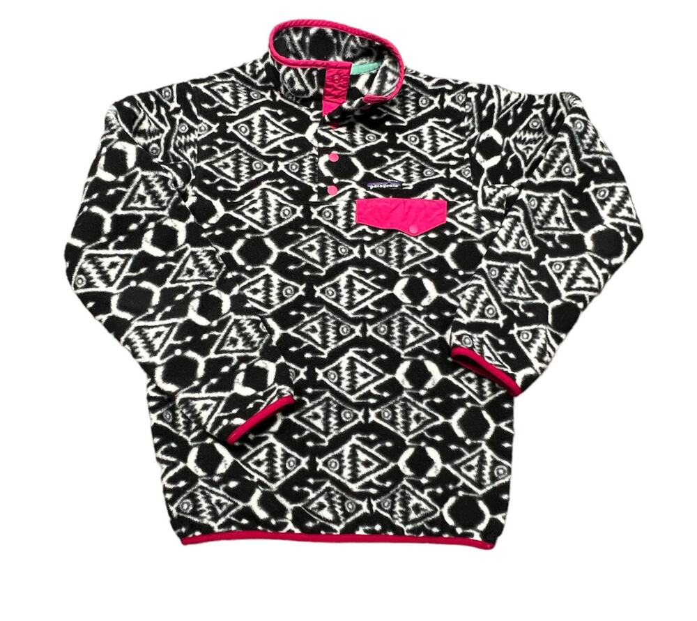 Patagonia Synchilla Snap-T Black White Aztec Ikat Fish Fleece Pullover Size XS